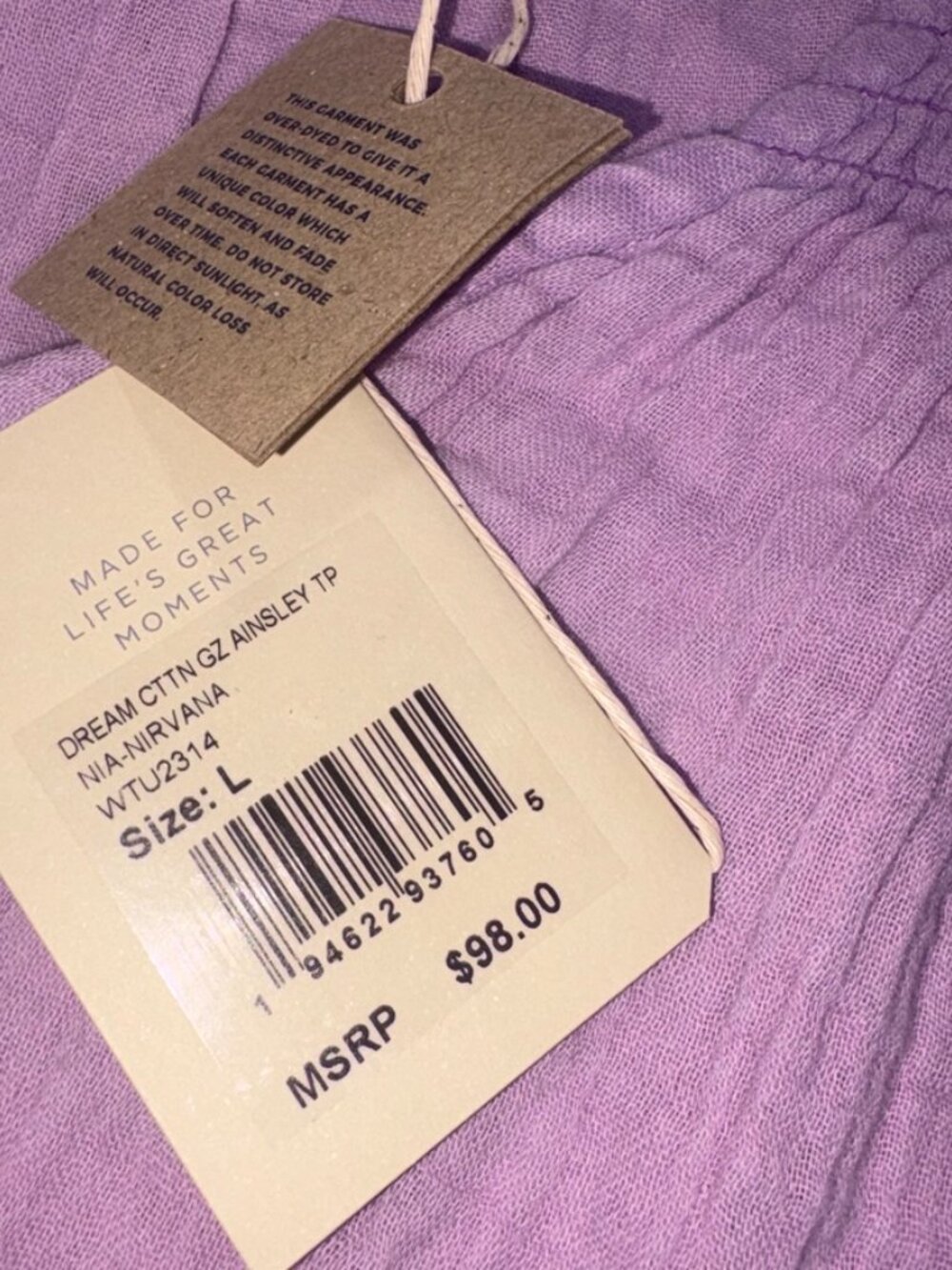 NEW NWT Faherty Dream Cotton Gauze Ainsley Top Lavender Nirvana size Large - Picture 5 of 13